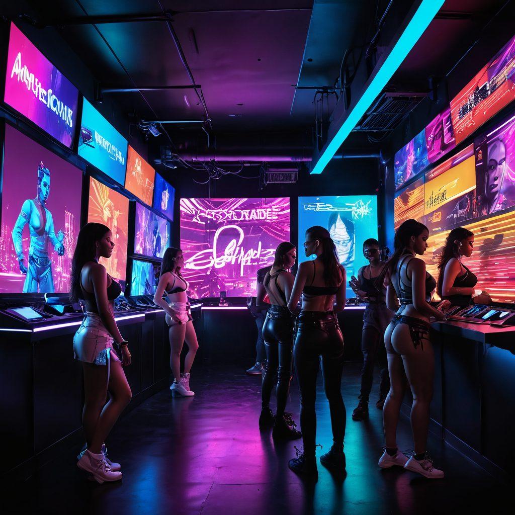 A vibrant and dynamic scene depicting diverse individuals engaging in creative expressions of adult entertainment, showcasing a lively community atmosphere. Include elements like colorful neon lights, artistic performances, and inclusive interactions, capturing a sense of freedom and exploration. Surrounding all this, subtle hints of technology and modernity, like streaming screens or virtual interactions, highlight the digital aspect. vibrant colors. cyberpunk. 3D.
