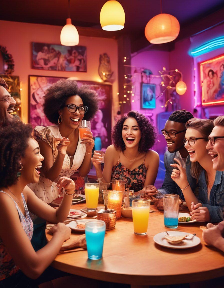 A whimsical scene depicting a friendly gathering of diverse adults laughing around a table filled with playful adult-themed props. The background showcases a vibrant nightlife with neon lights and quirky artwork, creating an inviting atmosphere for humor and discussions. Incorporate exaggerated facial expressions of joy and amusement. cartoonish style. vibrant colors. playful and lighthearted tone.